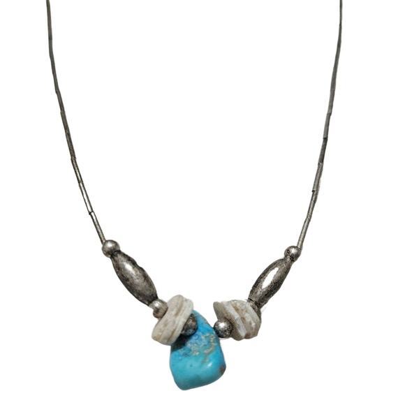 1970s Sterling Silver Liquid + Shell Beads + Turquoise Stone Necklace - Picture 4 of 6